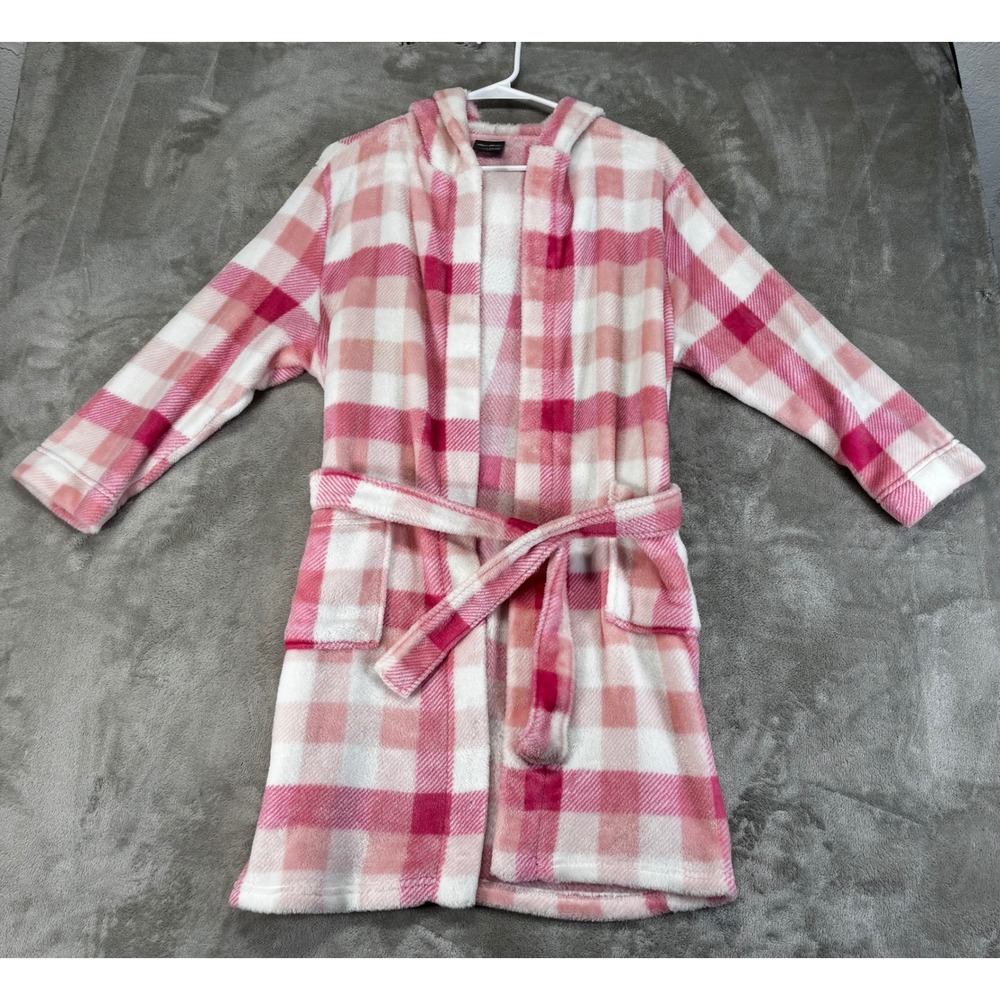 Eddie Bauer Bathrobe Kids L 14/16 Pink White Plaid Hooded Fleece